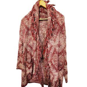American Eagle Fringe Trim Knitted Cardigan Long Sweater Burgundy